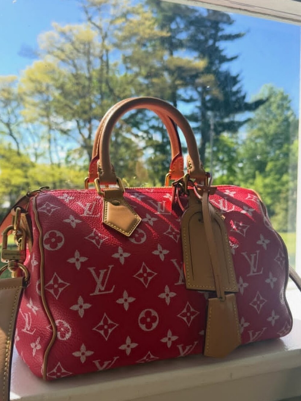 🔴Vib Red Monogram Canvas Speed 30 Shoulder Bag with Tan Trim b9